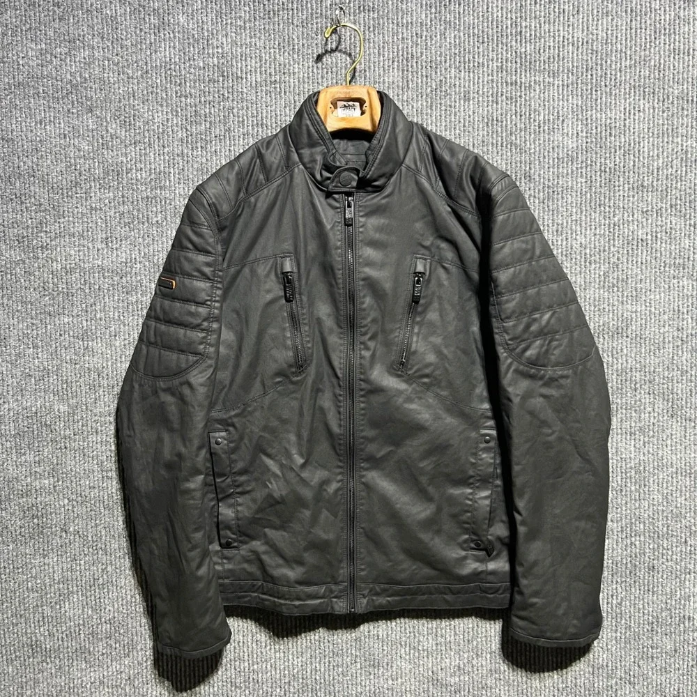 Superdry Moto Jacket Mens Large Black Quilted Biker Cafe Racer Coat Double Zip